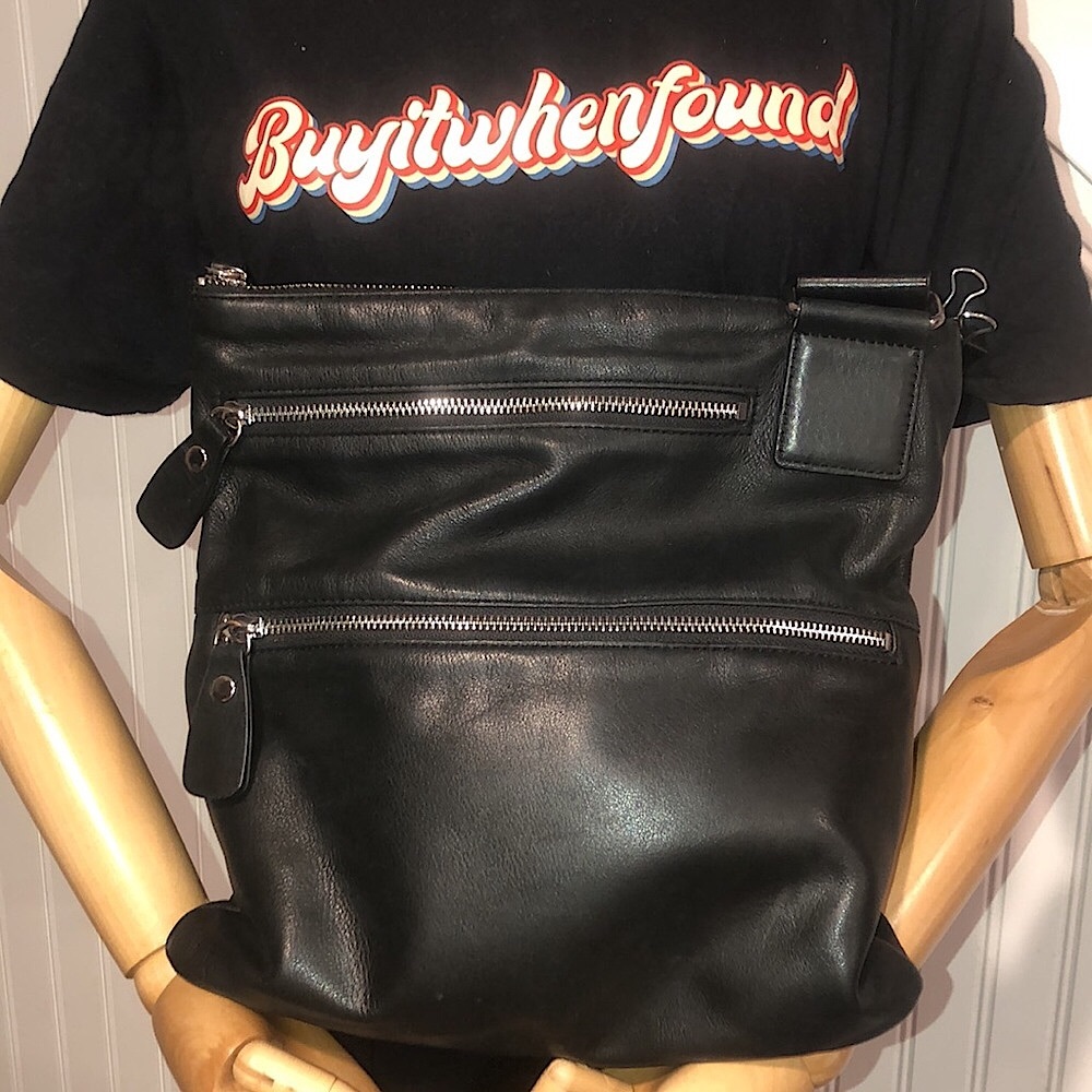 MARGOT Black Leather Messenger Bag 2 Ext. Front Zipper Pockets Top Zip Closure